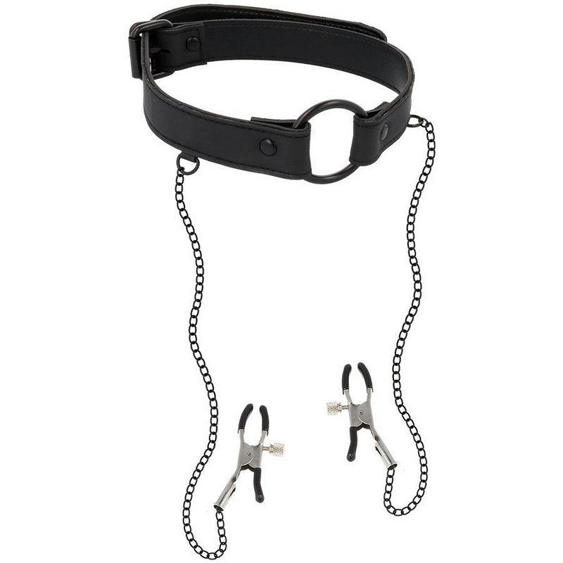 SUBMISSIVE RING GAG WITH NIPPLE CLAMPS